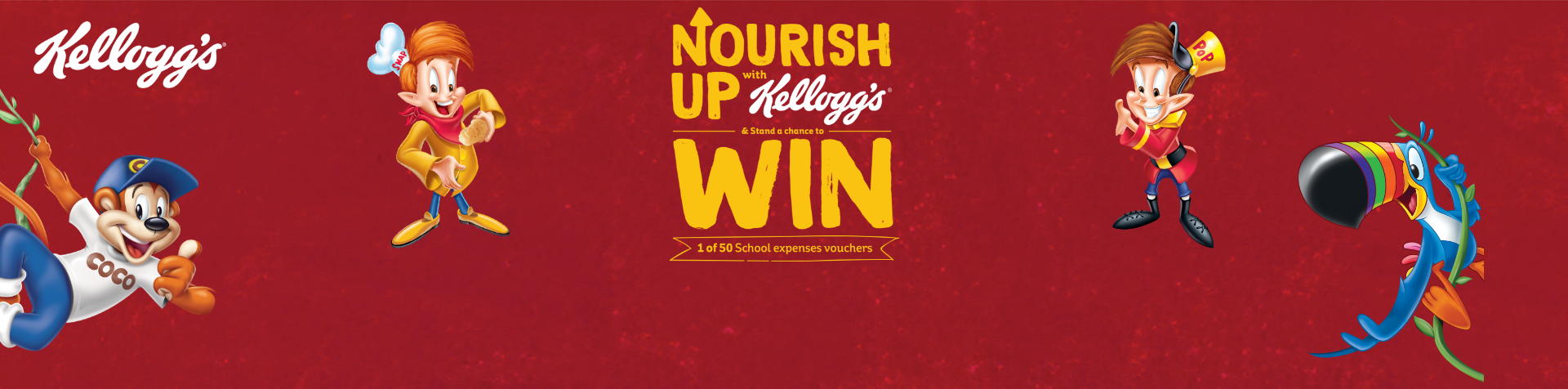 Kelloggs Nourish up with kelloggs and stand a chance to win 1 of 50 school expenses vouchers. Cartoon logo Images 